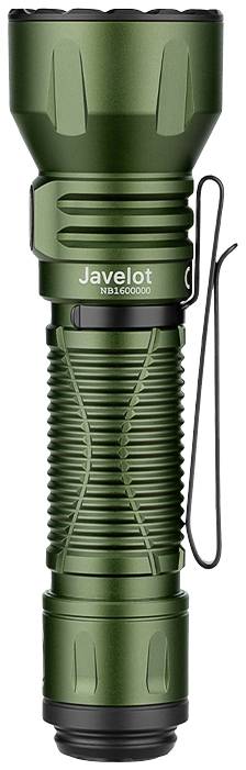 Grüne Taschenlampe mit Clip, aufrecht stehend. Text auf der Lampe: 'Javelot'.