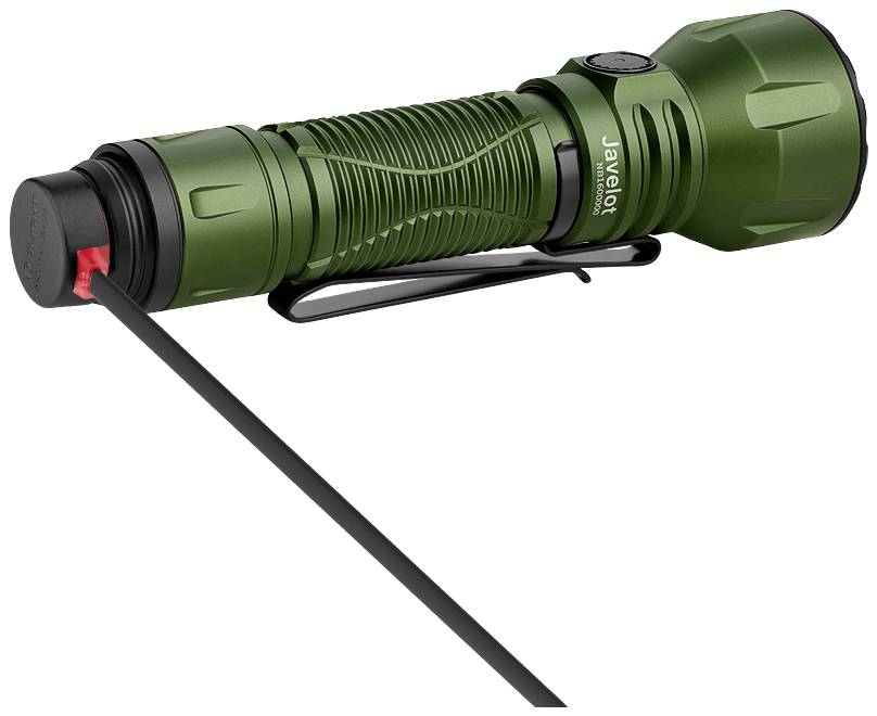 Grüne Taschenlampe mit Draht und rotem Knopf, aufgeladen durch 'Javelot Pro 2' Indikator.