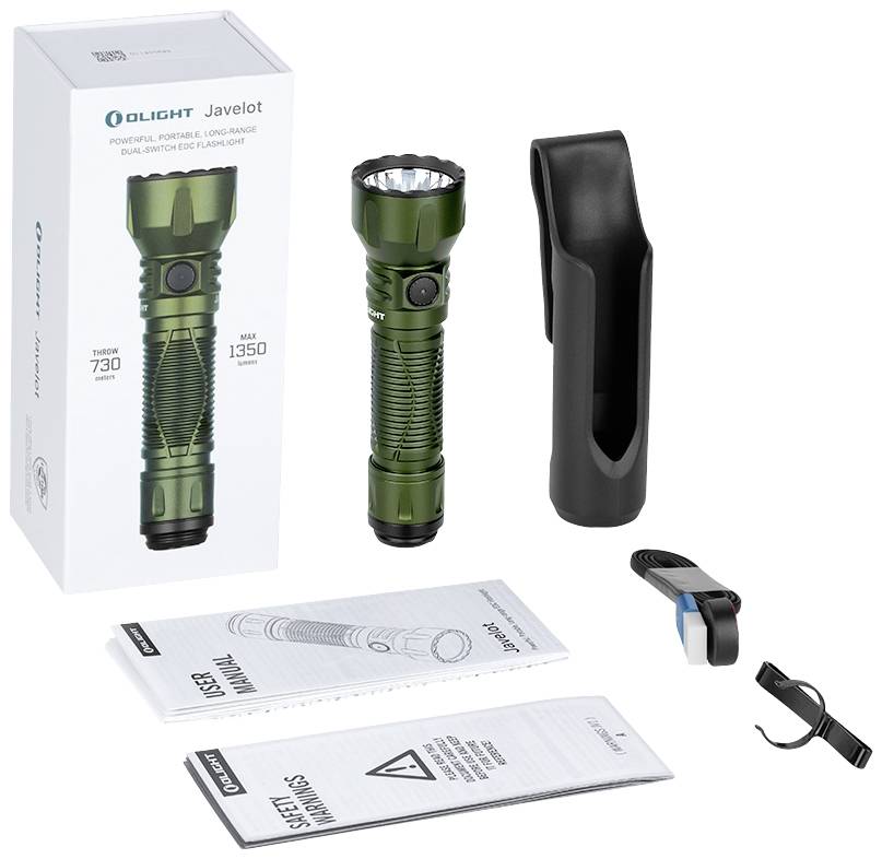 Taschenlampenset: grüne Taschenlampe, schwarze Hülle, USB-Ladekabel, Box, zwei Benutzerhandbücher. Akku und Leistung: 1350 Lumen, 730 Meter.