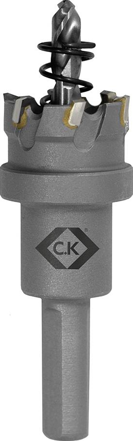 Metallbohrer mit Schaft und zylindrischem Schneidekopf, ausgestattet mit spiralförmiger Feder und Zähnen. Das Logo C.K ist sichtbar.