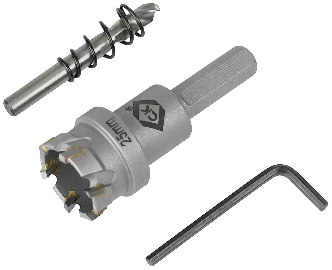 Bohrkopfsatz mit Bohrkrone, Spiralbohrer, Feder und Inbusschlüssel. Hauptwerkzeug aus Metall, Größe '25 mm' aufgedruckt.