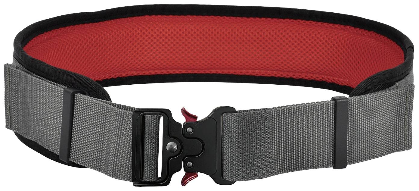 Ein grauer Gürtel mit schwarzer Schnalle und roter Innenseite, geeignet für Outdoor- oder Sicherheitsanwendungen.