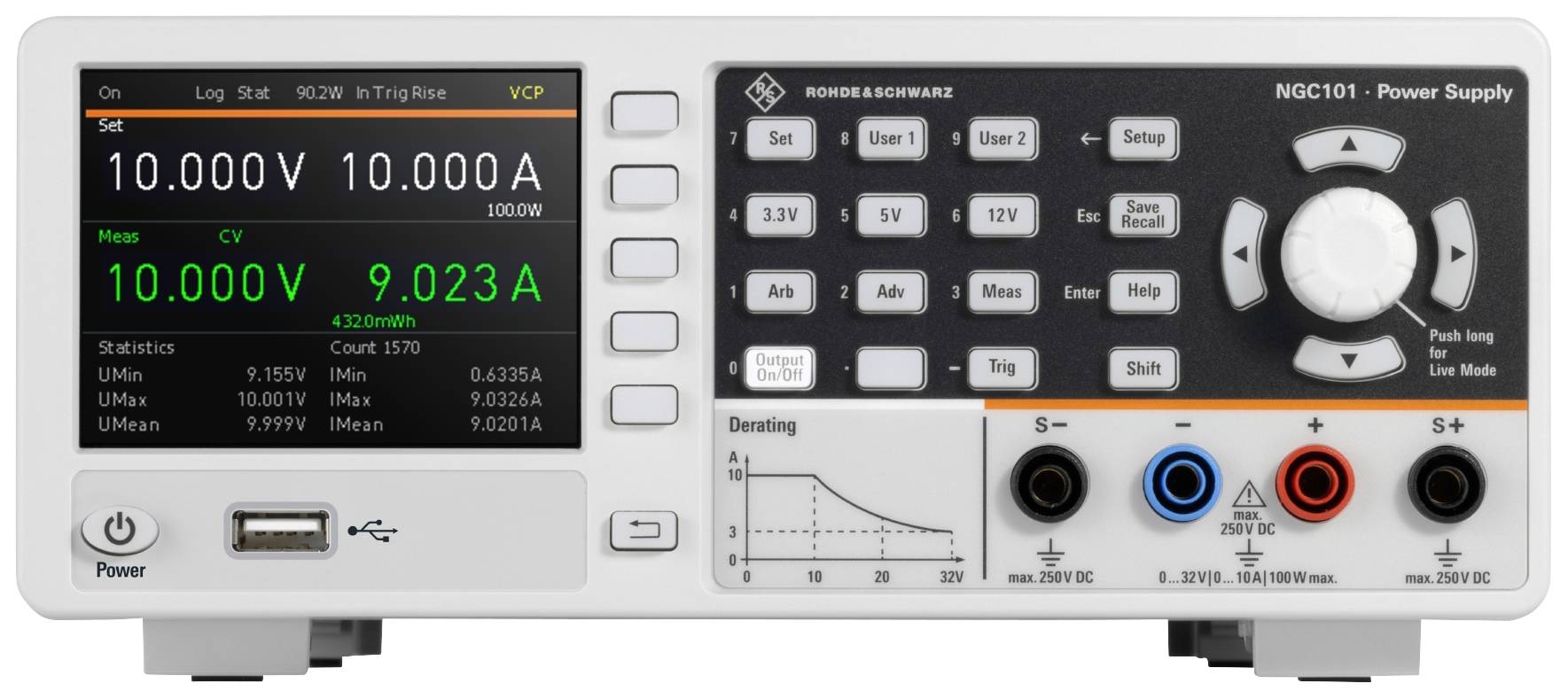 Elektronisches Labornetzgerät mit digitaler Anzeige zeigt 10,00V und 9,023A. Knöpfe und Anschlüsse für Steuerung und Messung sichtbar.