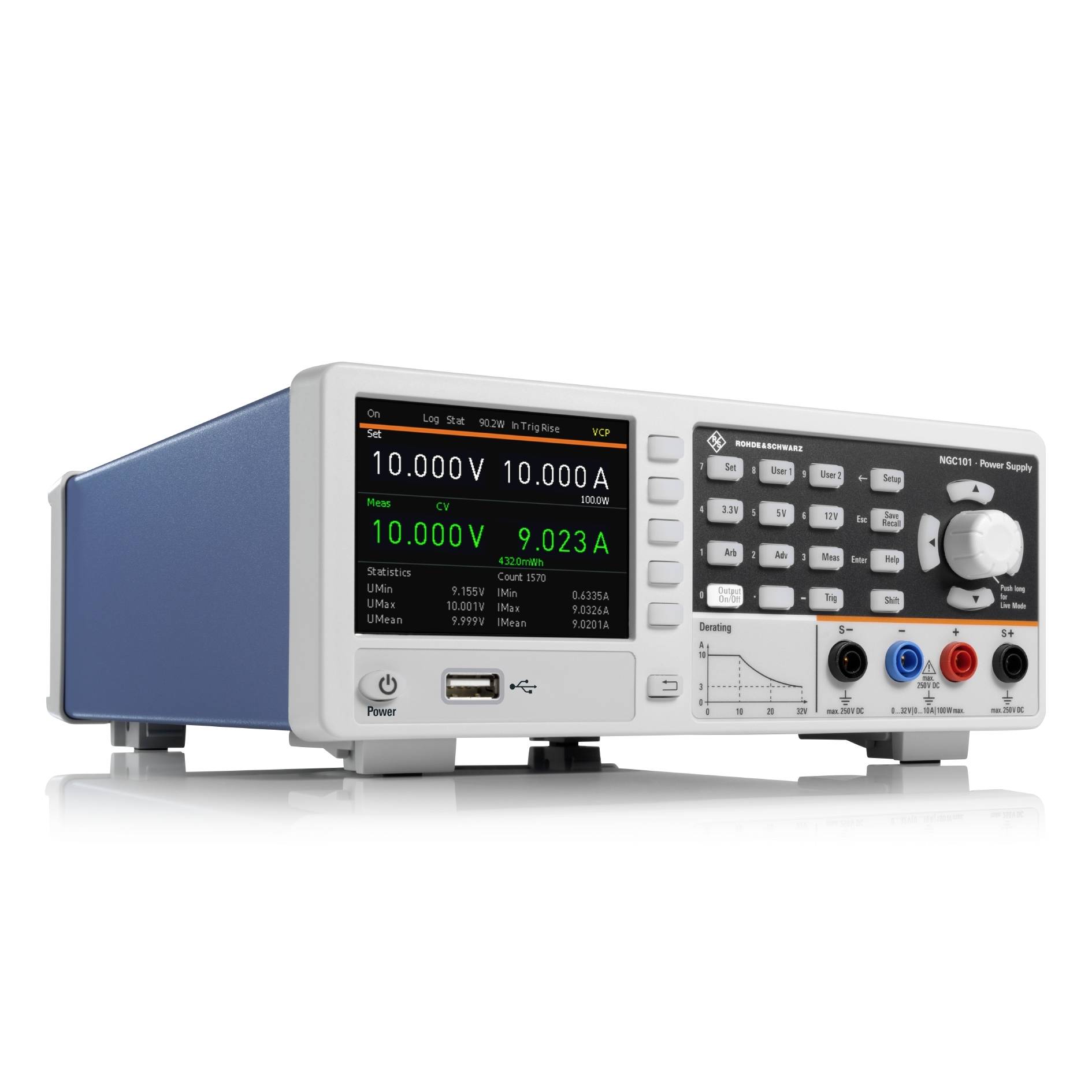 Ein Labor-Netzgerät mit digitalem Display zeigt 10.000 Volt und 9.023 Ampere an. Es hat Eingaberegler und Anschlüsse an der Vorderseite.