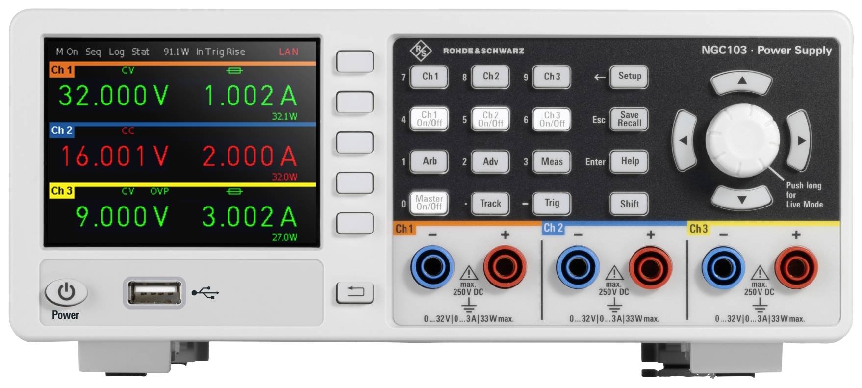 Ein Labor-Netzteil mit digitalem Display zeigt Spannungen von 32.000V, 16.001V und 9.000V und entsprechende Ströme für drei Kanäle.