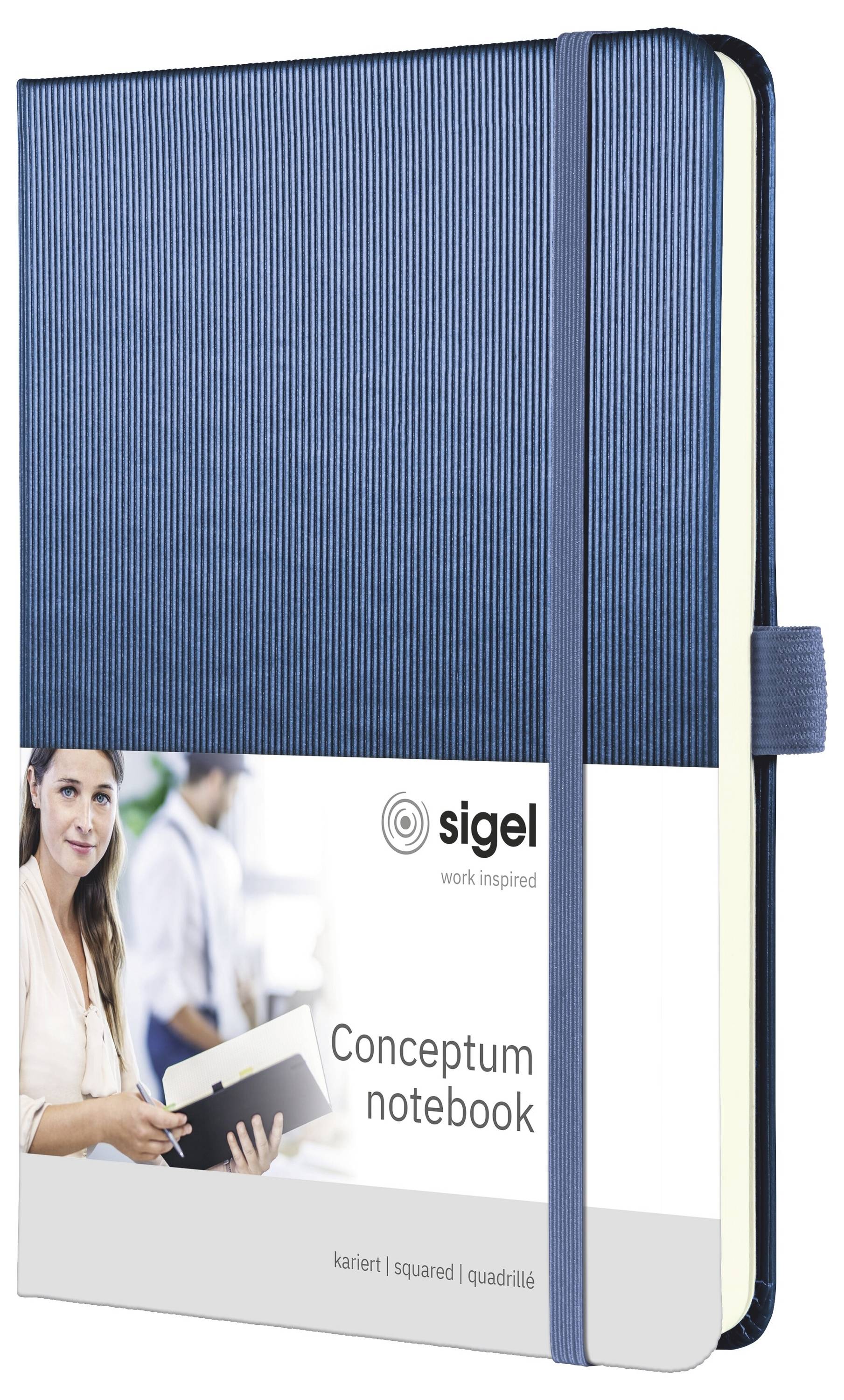 Blaues Hardcover-Notizbuch mit Gummiband, beschriftet mit „sigel" und „Conceptum notebook", gezeigt als Produktverpackung.