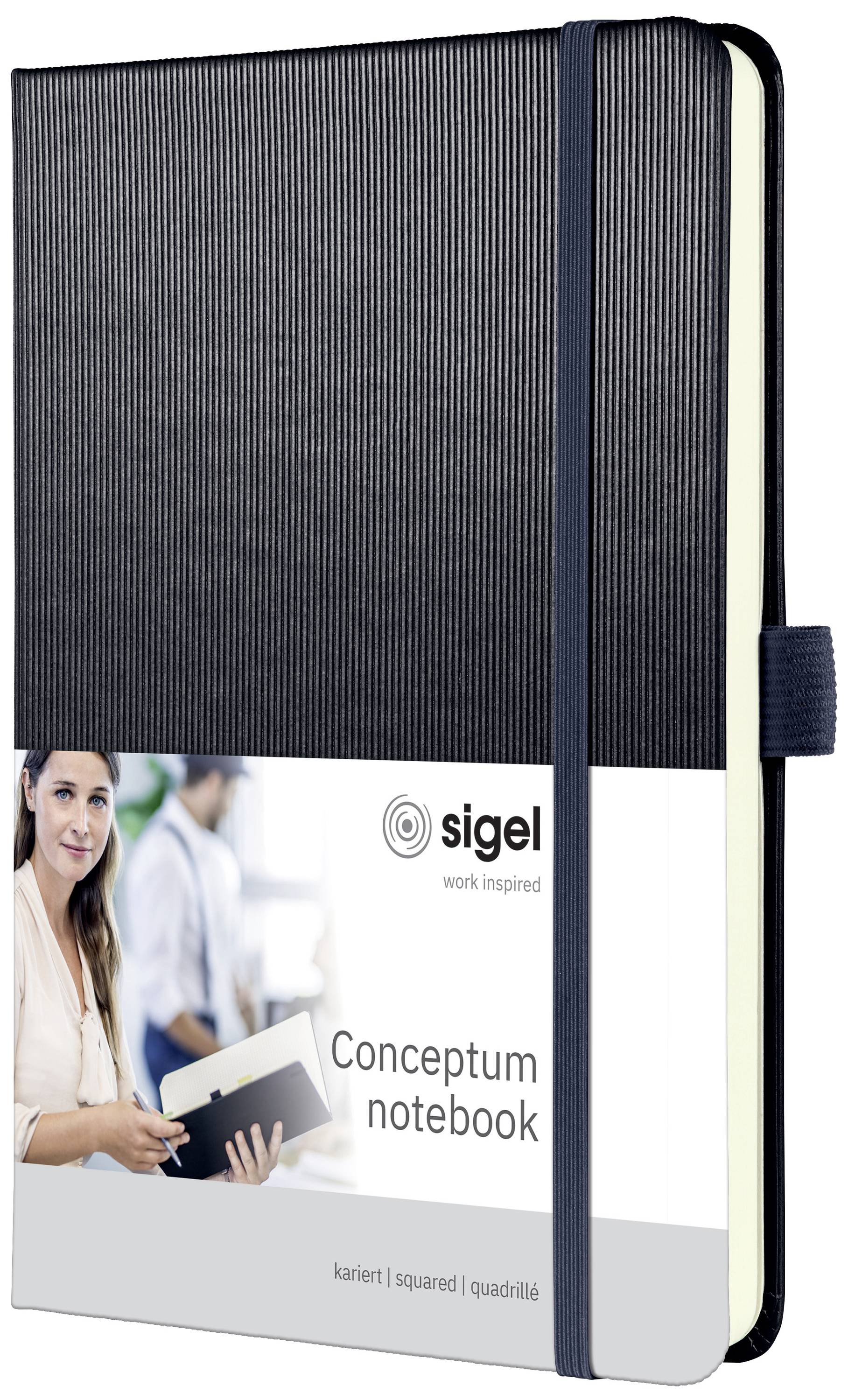 Schwarzes Notebook mit Gummiband, abgebildet mit Frau, die ein Notizbuch hält. Logo 'sigel' und Text 'Conceptum notebook' auf dem Umschlag.