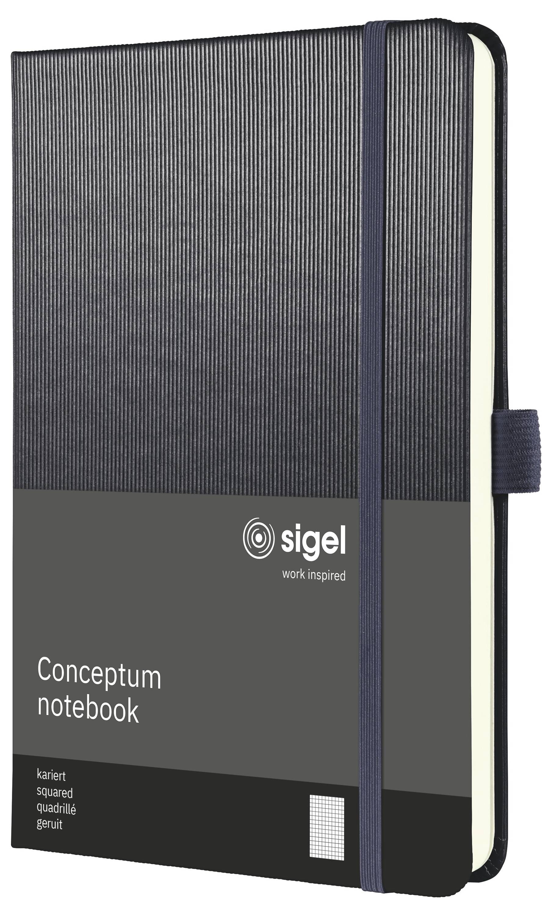 Geschlossenes schwarzes Sigel 'Conceptum Notizbuch' mit Gummiband und abgerundeten Ecken, Vorderseite nach vorne gerichtet.