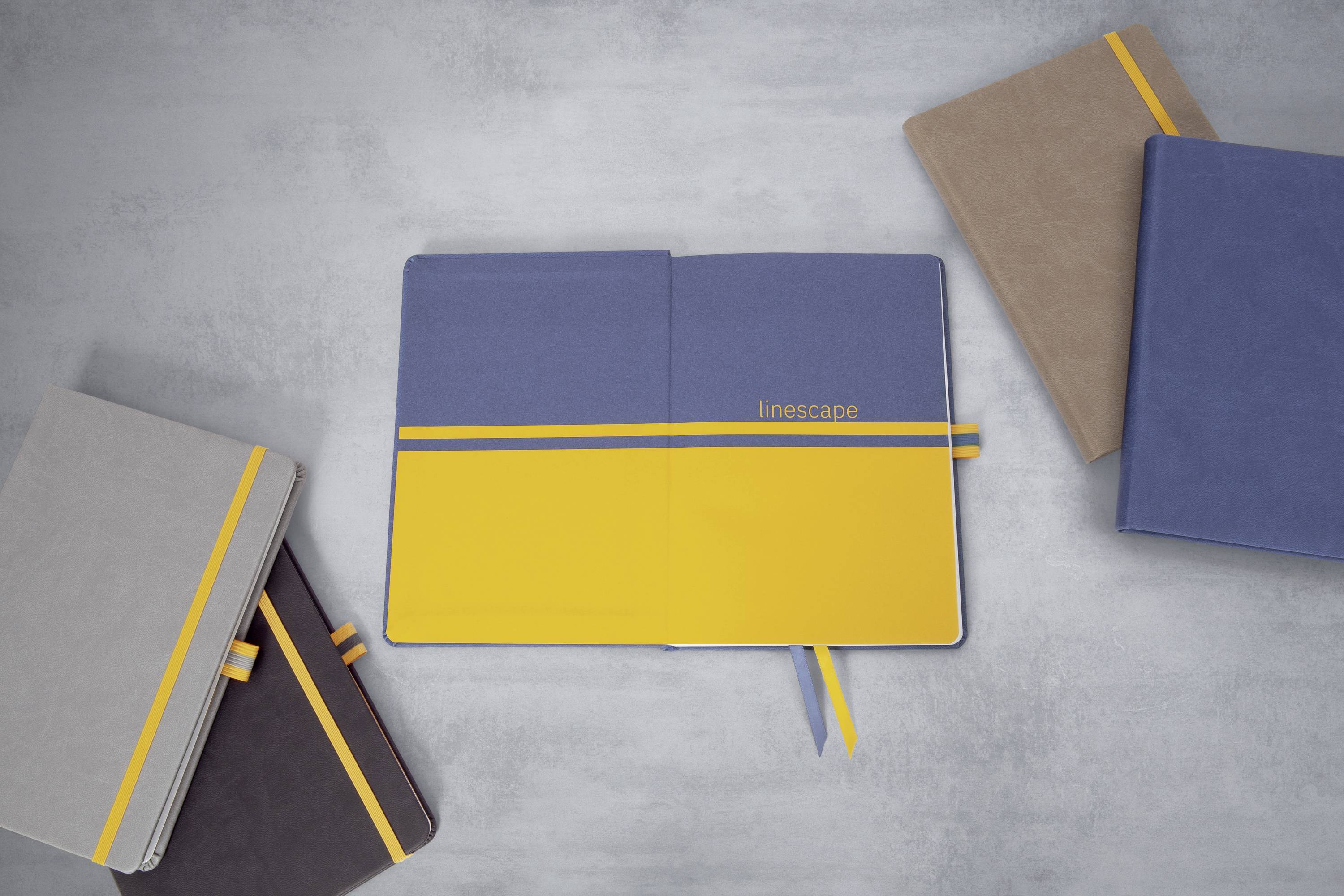 Fünf farbige Notizbücher auf grauem Hintergrund, eines geöffnet mit gelben und blauen Seiten, andere geschlossen.