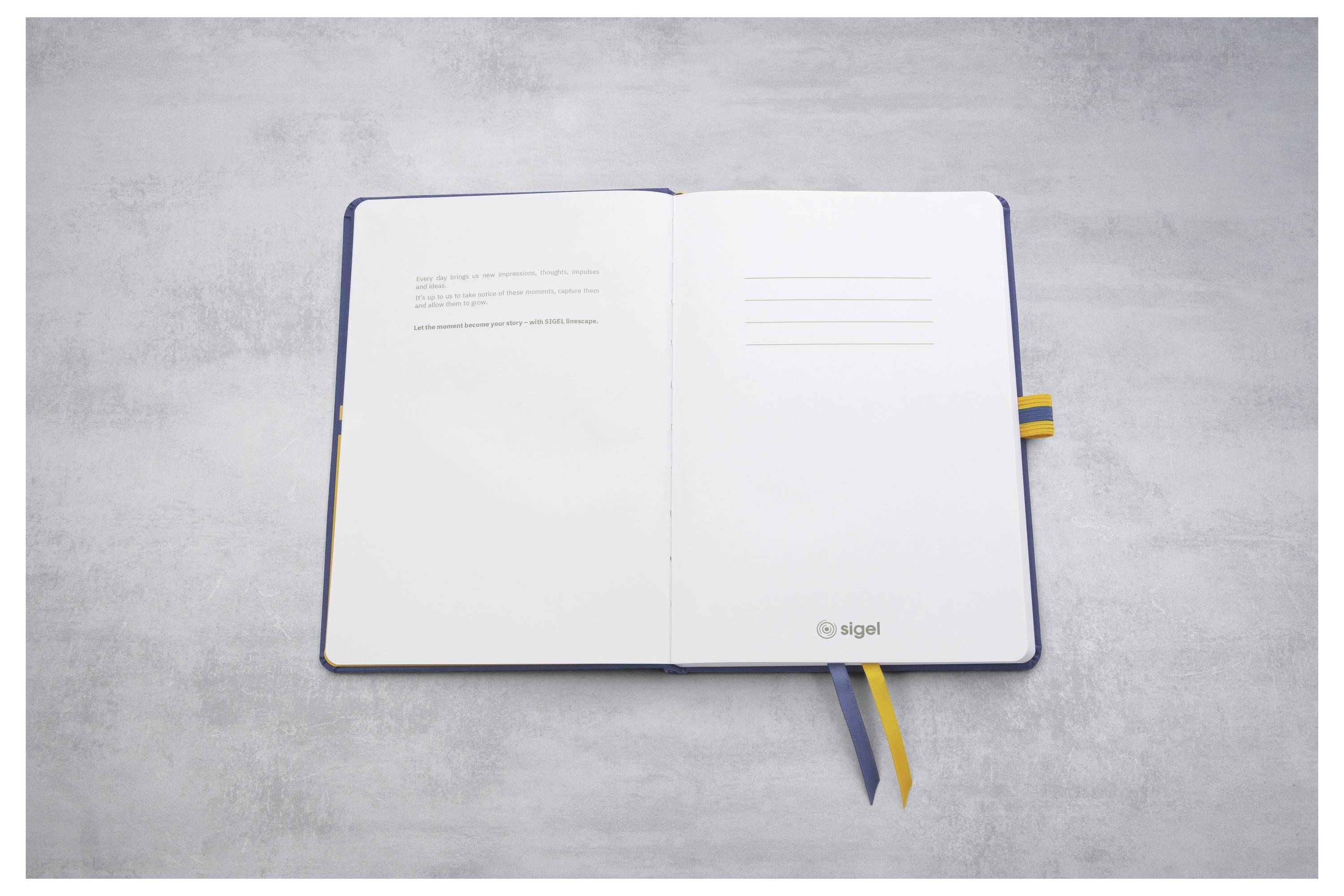 Offenes leeres Notizbuch mit linierten Seiten und blau-gelben Bandlesezeichen auf einer grauen Oberfläche.