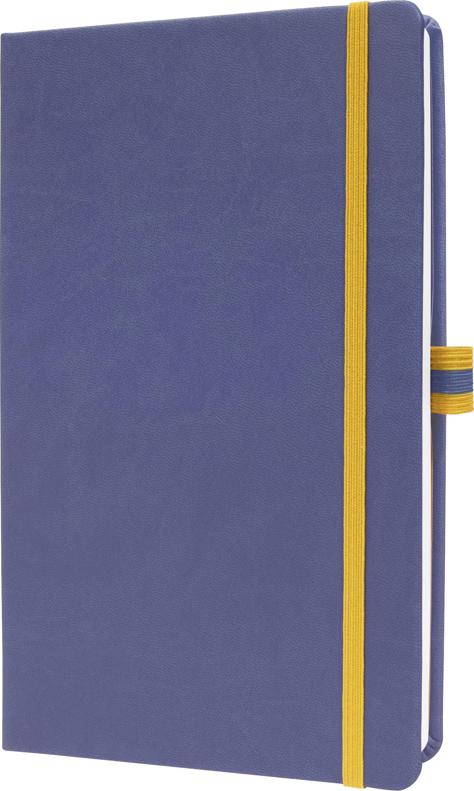 Blaues Hardcover-Notizbuch mit gelbem Gummiband-Verschluss und Lesezeichen-Band