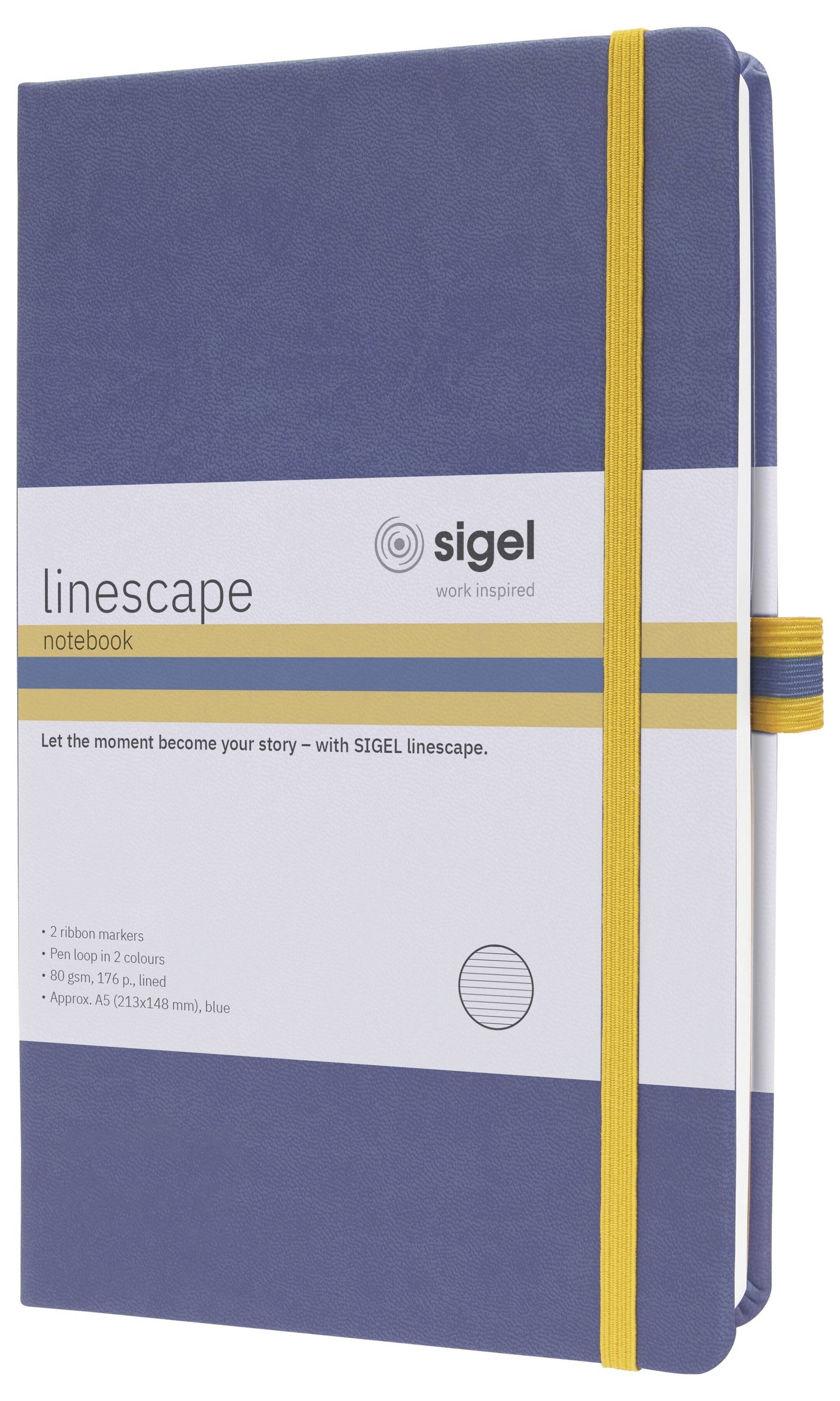 Blauftarbiges SIGEL 'linescape' Notizbuch mit gelbem Gummiband und Lesezeichenbändern, geschlossen auf weißem Hintergrund dargestellt.