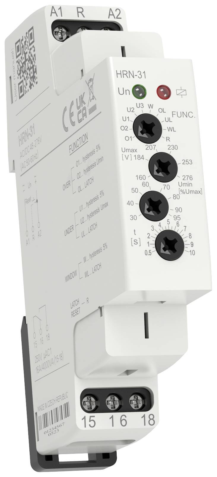 Ein weißes elektronisches Gerät zur Überwachung der Spannung. Es hat Ein- und Ausgangsanschlüsse und verschiedene Bedienungselemente.