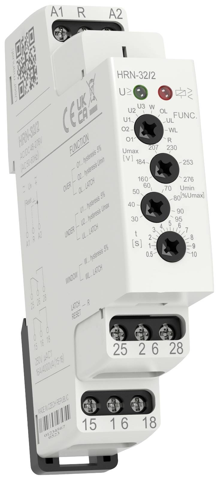 Ein elektrisches Überwachungsrelais mit mehreren Einstellmöglichkeiten und Anschlussklemmen, zur Kontrolle von Spannung und Frequenz.