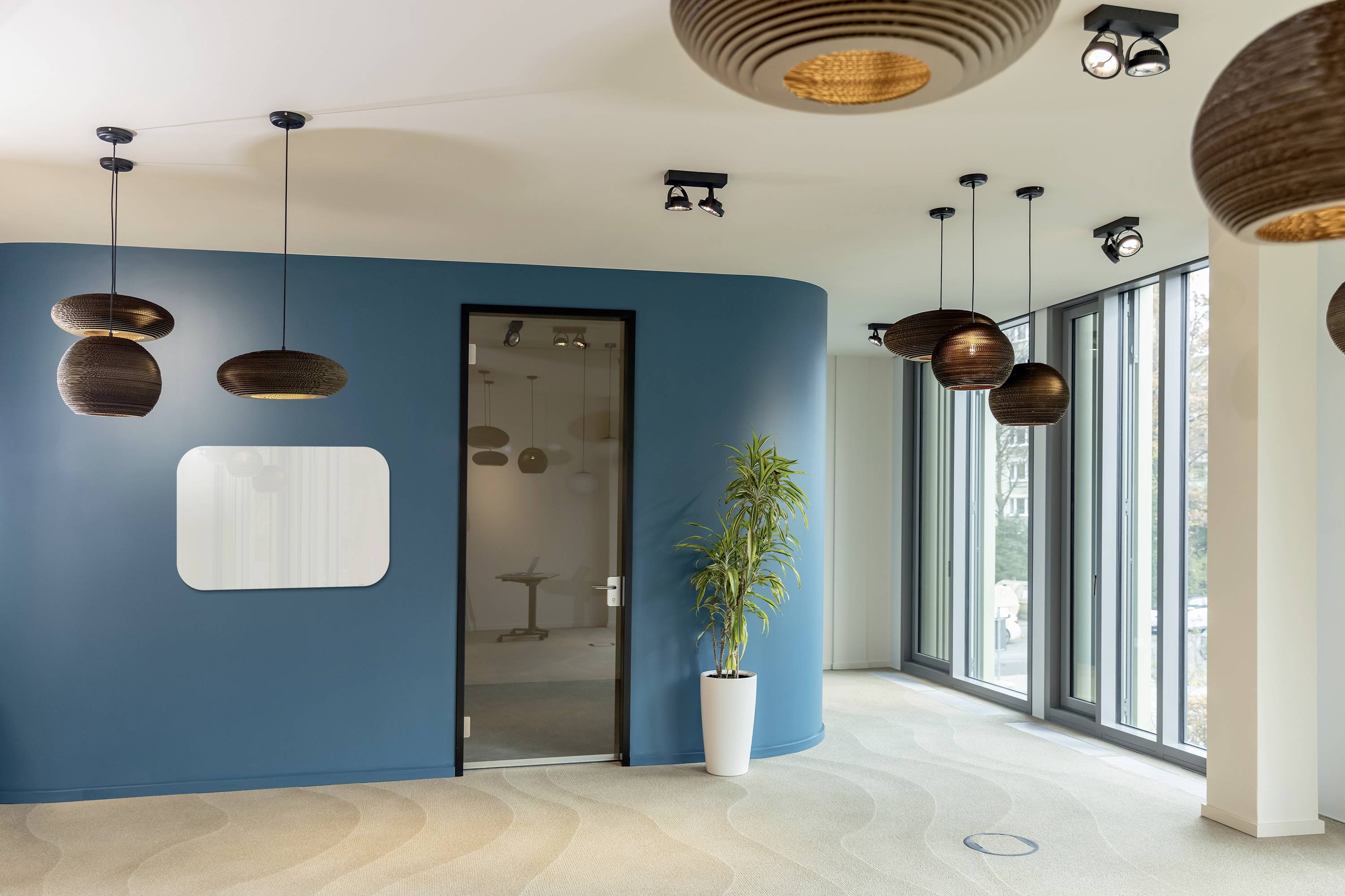 Moderner Büroraum mit blauen Wänden, mehreren hängenden Lampen und einer Glastür. Eine Pflanze steht in einer weißen Vase.