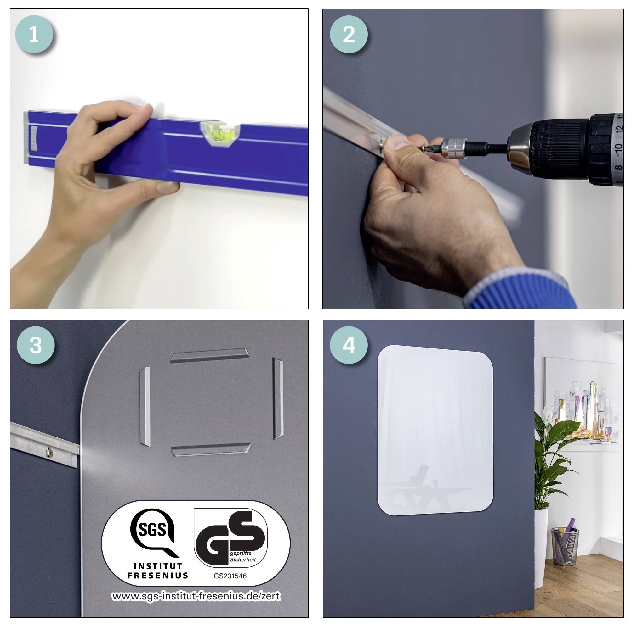 Montage einer Magnettafel: 1. Wasserwaage zur Ausrichtung. 2. Bohrmaschine zum Befestigen. 3. Justierung des Halters. 4. Fertig montierte Tafel.