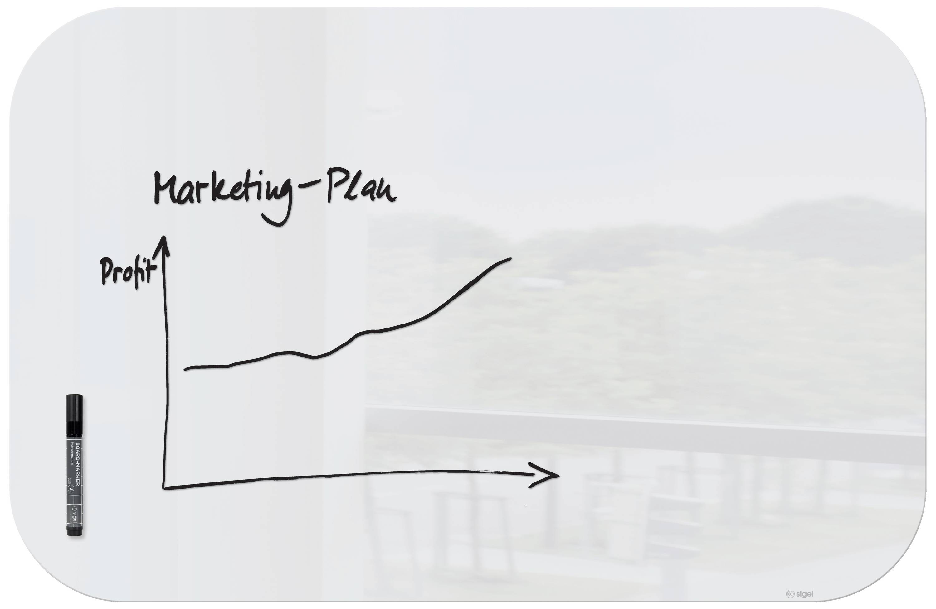 Diagramm mit einem aufsteigenden Graphen auf einem Whiteboard, beschriftet mit 'Marketing-Plan' und 'Profit', zeigt Gewinnsteigerung.
