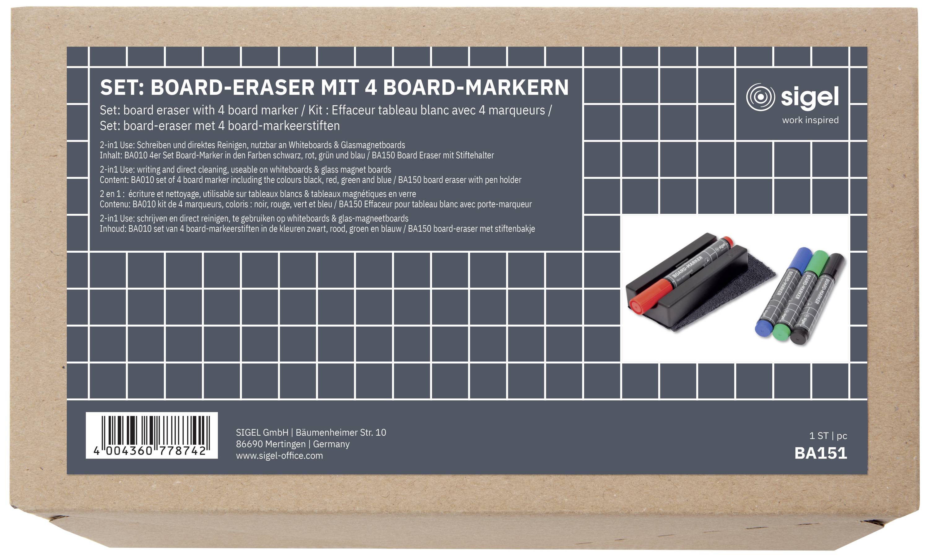 Set aus Tafelschwamm und vier Markern. Verpackung zeigt Produktdetails und ein Foto der enthaltenen Stifte.