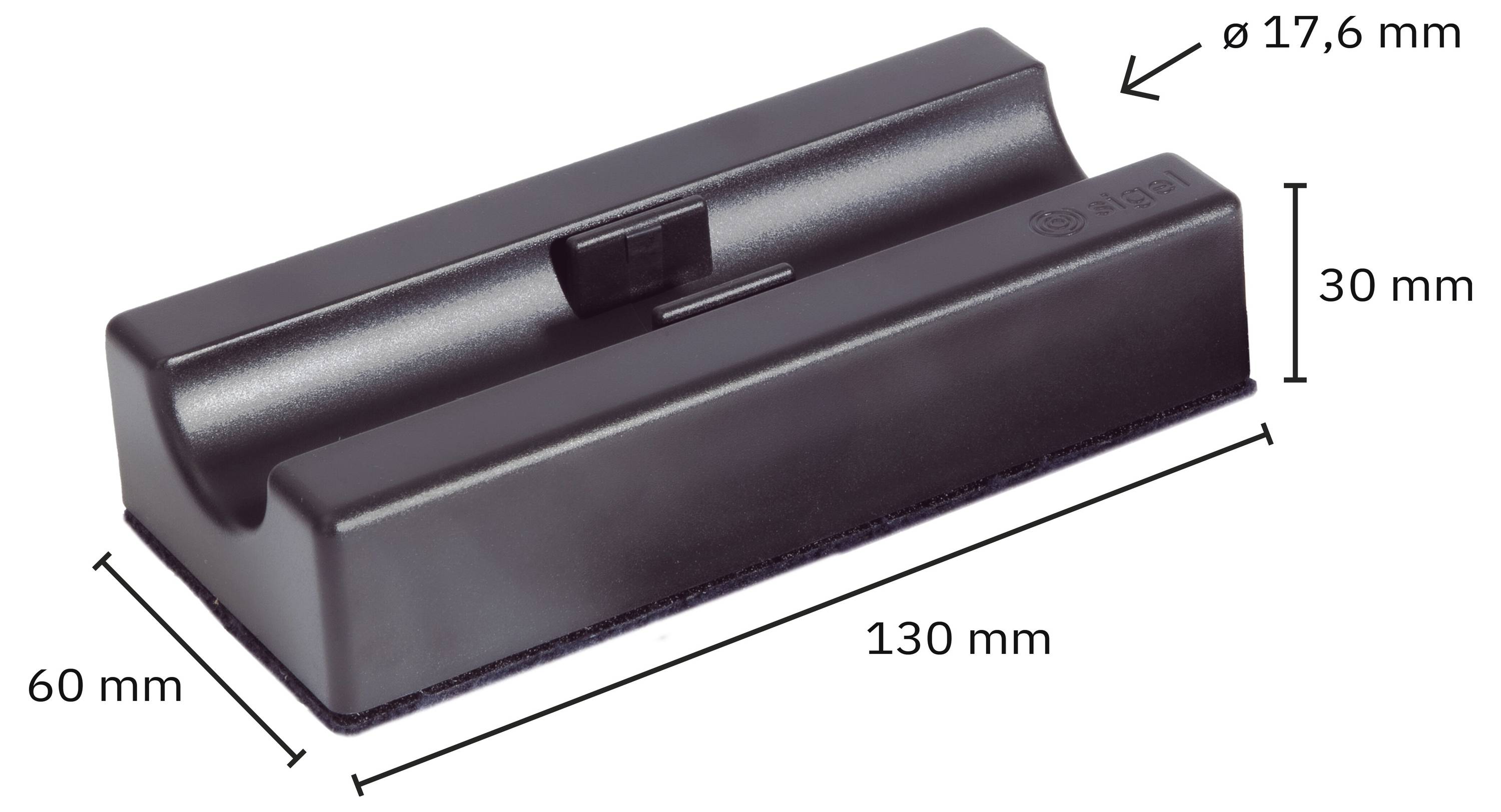 Dunkelrotes rechteckiges Batteriepack mit oben angebrachter Kerbe, Abmessungen mit Beschriftung 130 mm lang, 60 mm breit, 30 mm hoch und 17,6 mm Durchmessermerkmal.