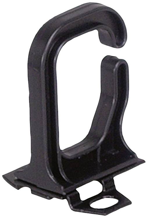 Ein schwarzer Plastikhaken mit gebogenem Design und viereckiger Basis.