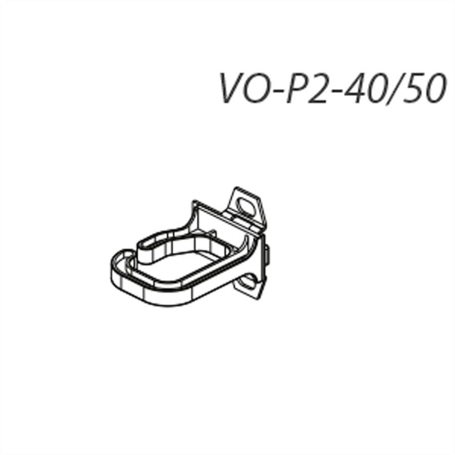 Metallhalterung für Montagezwecke, Bezeichnung 'VO-P2-40/50', zeigt eine rechteckige, offene Klammer mit Befestigungslöchern.