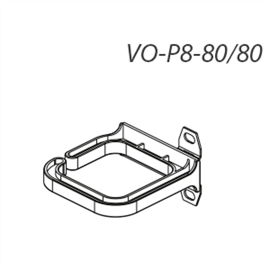 Halterung VR-P8-80/80, rechteckig mit abgerundeten Ecken, zwei Schrauböffnungen zur Wandmontage, schwarz-weiße technische Zeichnung.
