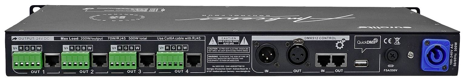 Rückseite eines Verstärkers mit verschiedenen Anschlüssen: grüne Klemmen, XLR, Netzwerk, Stromanschluss. Beschriftungen über jedem Port.