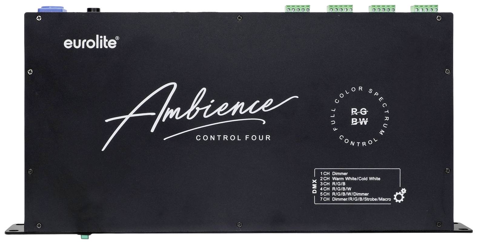 Ein schwarzes Gerät mit der Aufschrift 'Ambience CONTROL FOUR'. Es zeigt Steuerelemente für RGBW-Farben und Dimmerfunktionen.