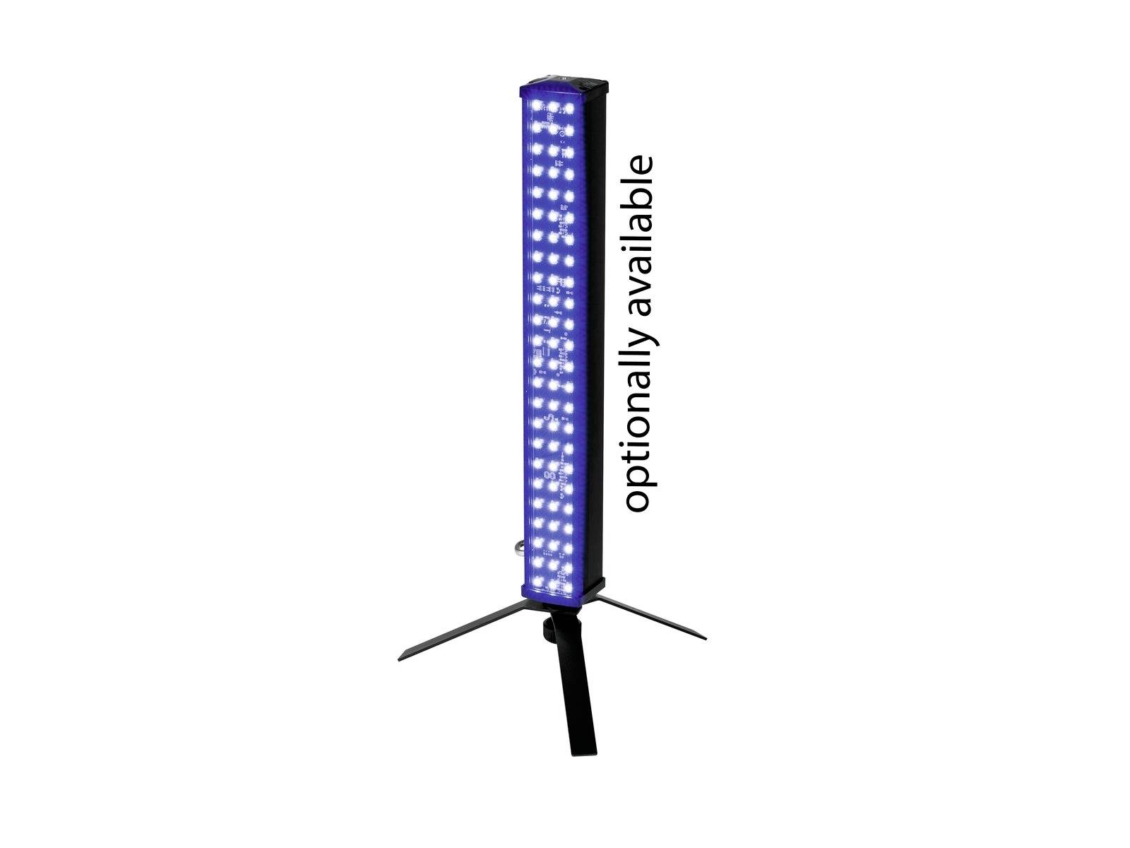 Ein hoher, rechteckiger Leuchtstab mit blauen LED-Lichtern auf einem Stativ. Der Text 'optionally available' steht vertikal neben dem Stab.