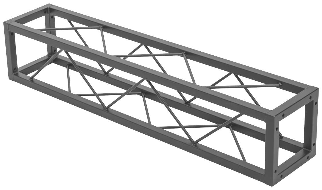 Stahlrahmen in quaderförmiger Struktur mit diagonalen Verstrebungen. Hochformatig, dunkelgraue Farbe.