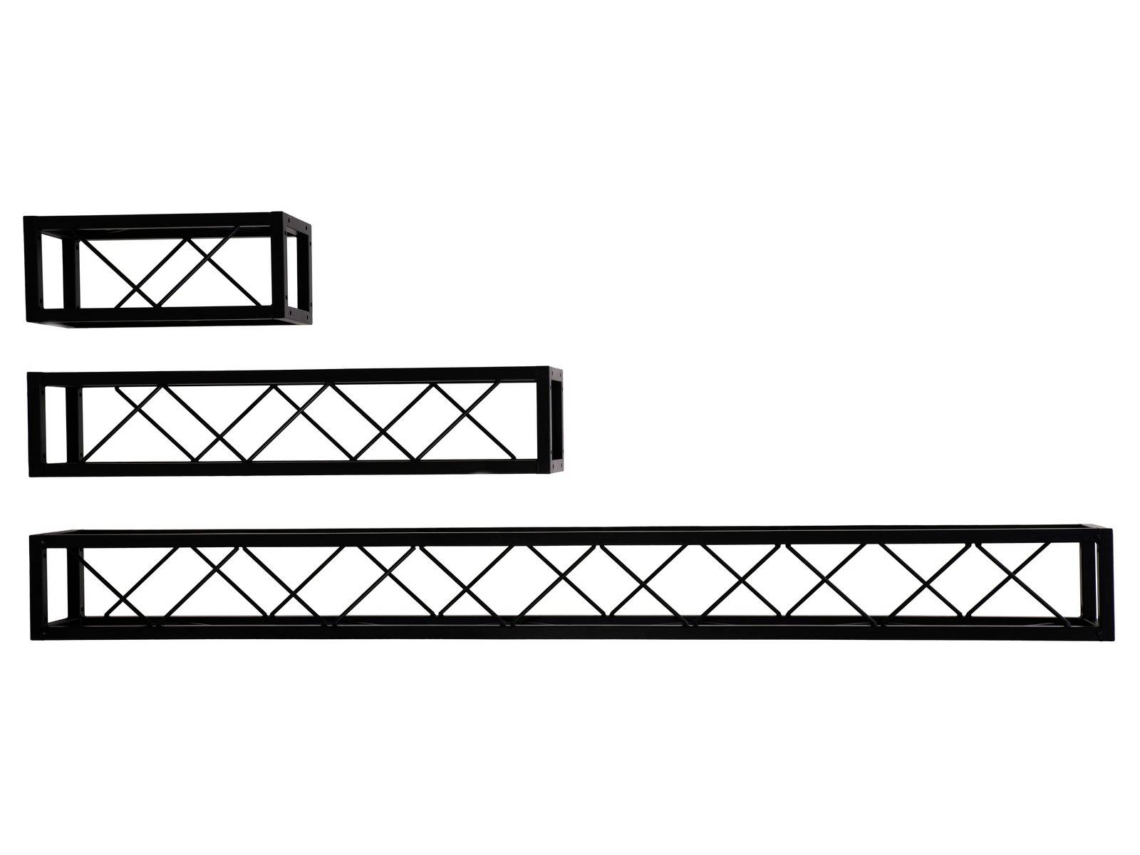 Drei schwarze, rechteckige Metallrahmen unterschiedlicher Größe, horizontal nebeneinander angeordnet, ohne Inhalt.