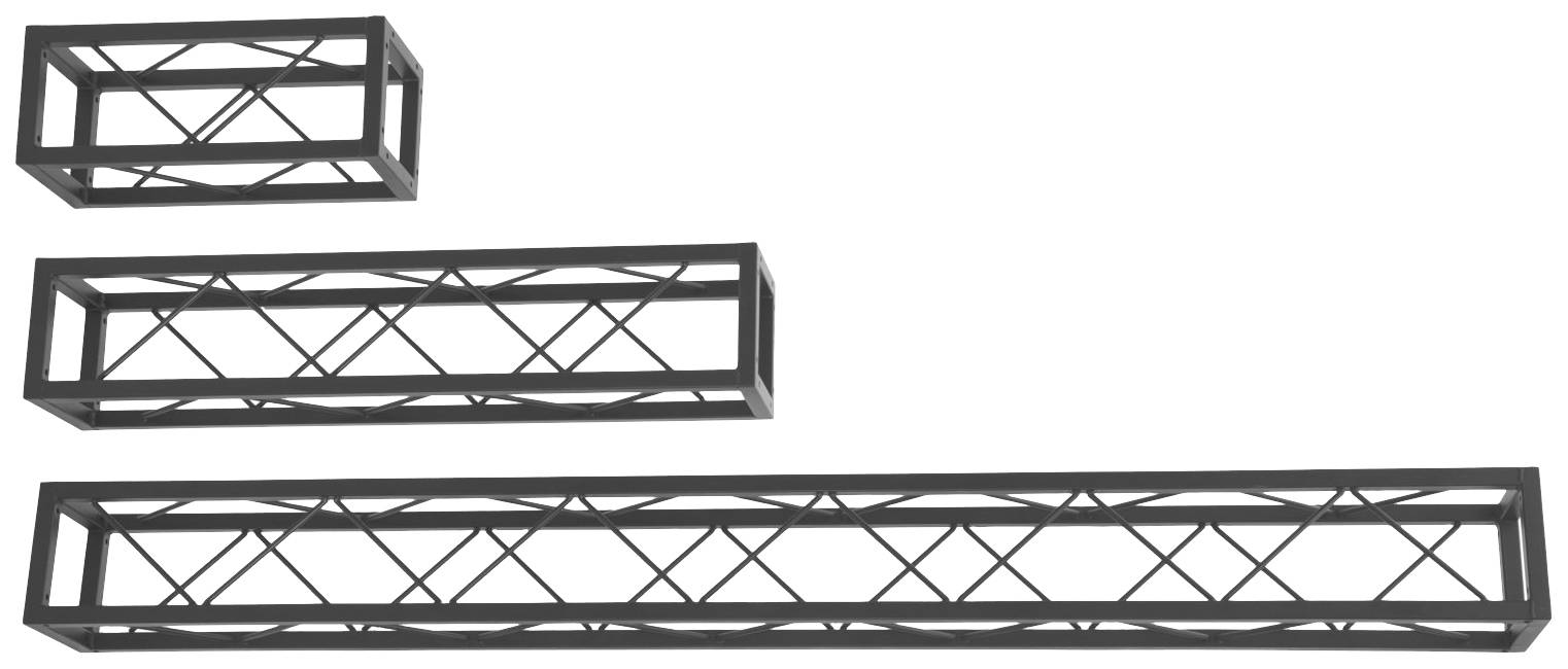 Drei schwarze Metallgitterträger in unterschiedlichen Größen. Ein kleiner, ein mittelgroßer und ein langer Träger liegen horizontal nebeneinander.