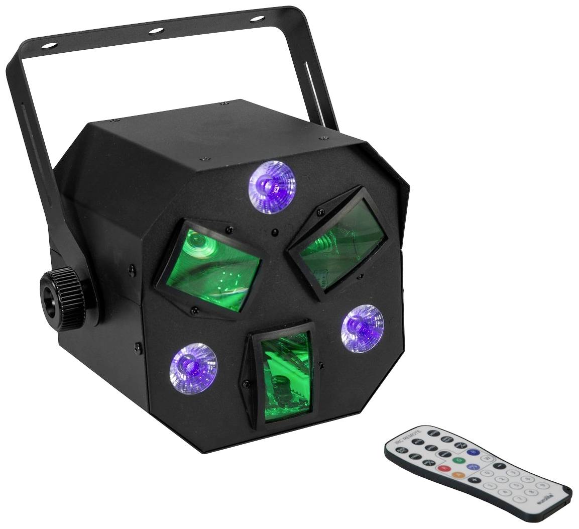 Schwarzes LED-Lichteffektgerät mit vier Leuchten auf Vorderseite, gestreut in Grün und Violett, und einer Fernbedienung daneben.
