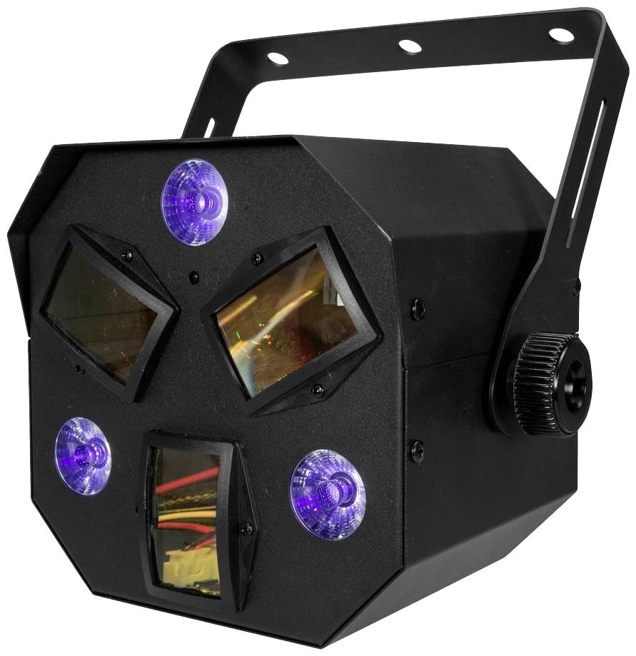 Ein schwarzes, facettenreiches Bühnenlichtgerät mit mehreren Linsen und LED-Lichtern, montiert an einem verstellbaren Bügel.