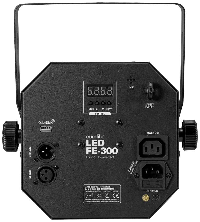 Rückseite eines Eurolite LED FE-300 Geräts mit Anschlüssen, digitalen Anzeige und Bedienelementen, verwendet in Lichtshows.