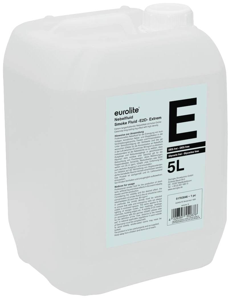 Ein 5-Liter-Kanister mit Eurolite Nebelfluid, Typ E2D Extrem, zur Erzeugung dichter Nebeleffekte.