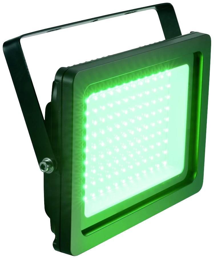 Ein quadratischer LED-Scheinwerfer mit grünem Licht. Er hat ein schwarzes Gehäuse und einen verstellbaren Montagebügel.