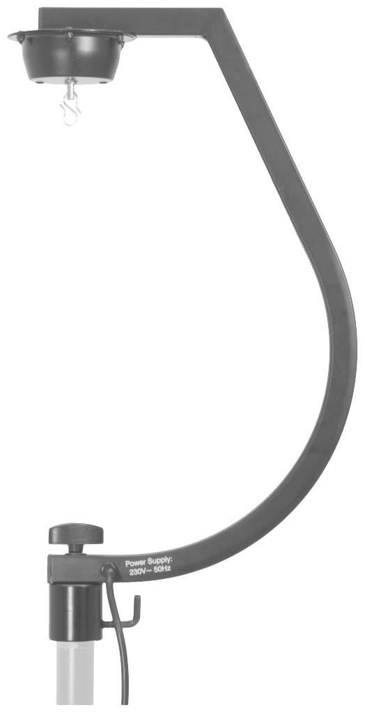 Ein elektrisches Gerät mit gebogenem Arm und Haken am oberen Ende, vermutlich zum Aufhängen oder Befestigen von Gegenständen.
