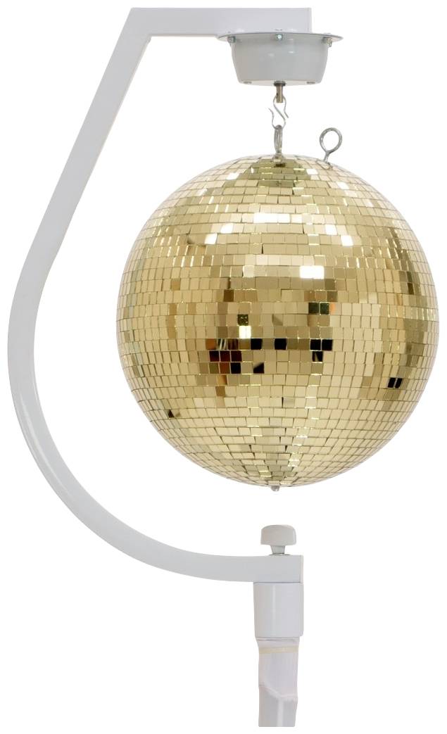Goldene Discokugel an einer weißen Halterung, seitlich betrachtet. Sie reflektiert Licht und erzeugt ein schimmerndes Muster.