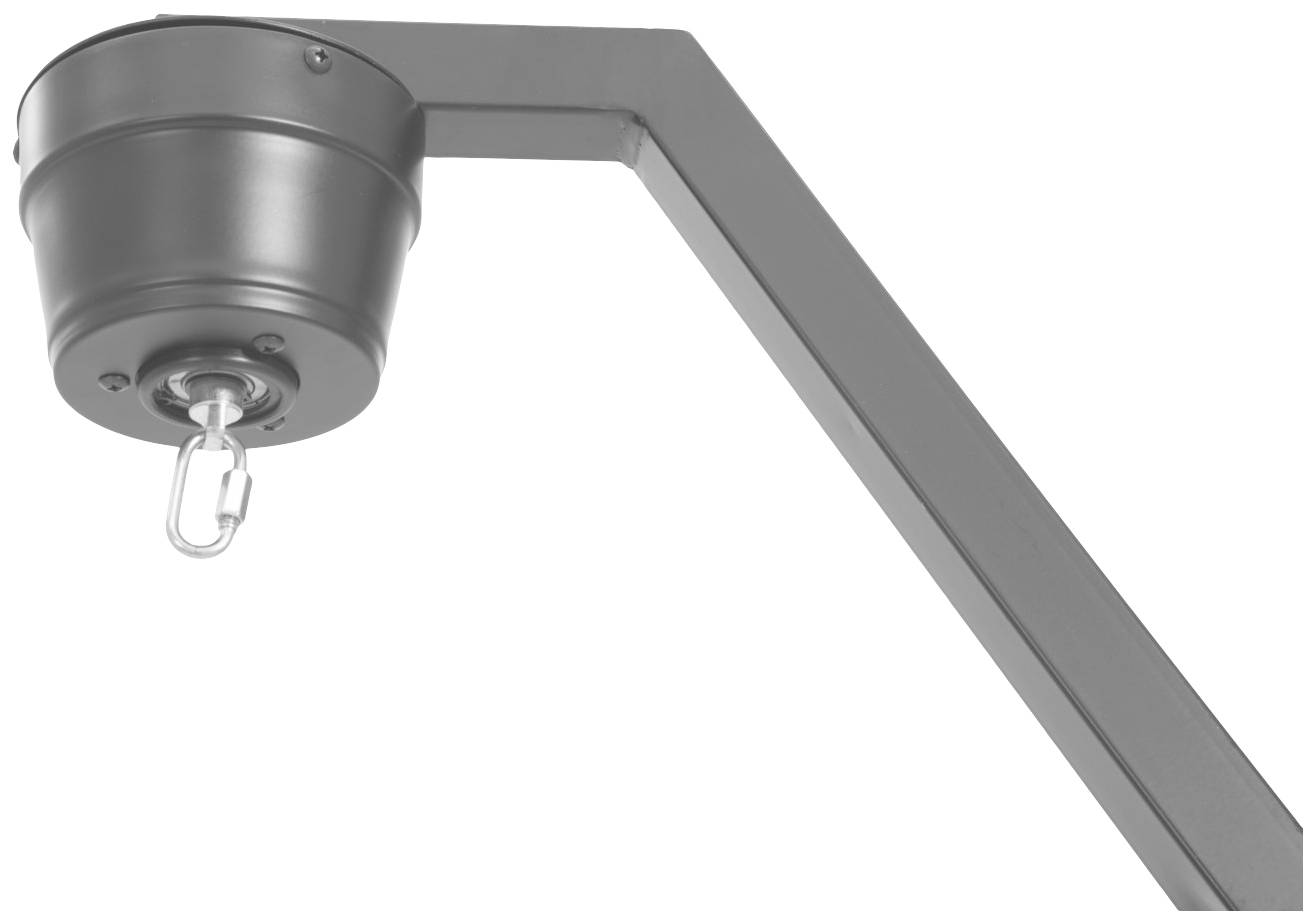 Grauer Metallhaken an einem gebogenen Arm, möglicherweise Teil einer Aufhängungsvorrichtung oder eines Lampengehäuses.