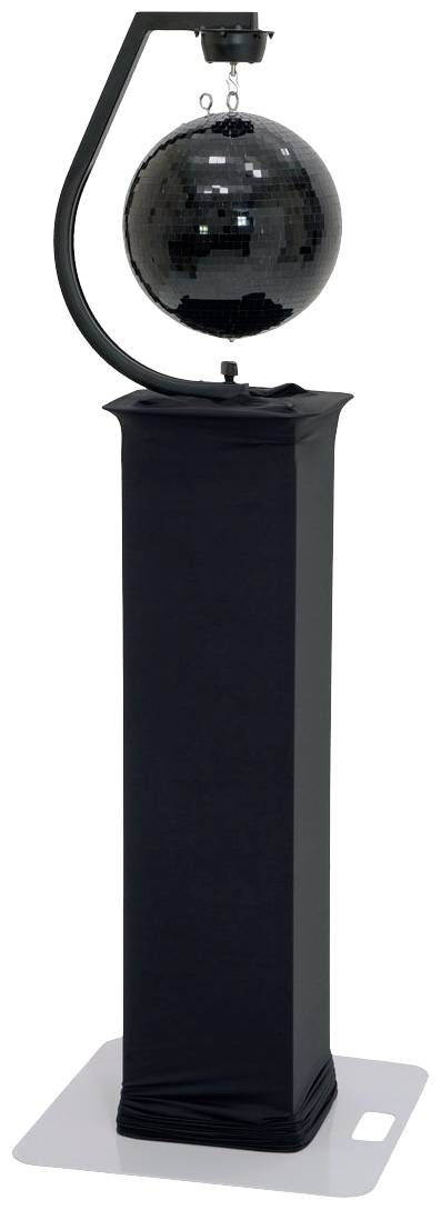 Schwarze Discokugel auf einem dekorativen Ständer mit schwarzem Sockel, geeignet für Partys oder Bühnenbeleuchtung.