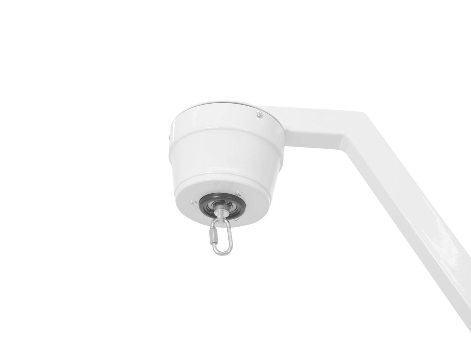 Eine weiße Hängelampe mit einem Haken zur Befestigung an der Decke, fotografiert vor einem weißen Hintergrund.
