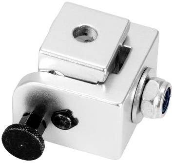 Metallisches Befestigungselement mit Schrauben und Einstellknopf, geeignet für technische Anwendungen oder Montagevorrichtungen.