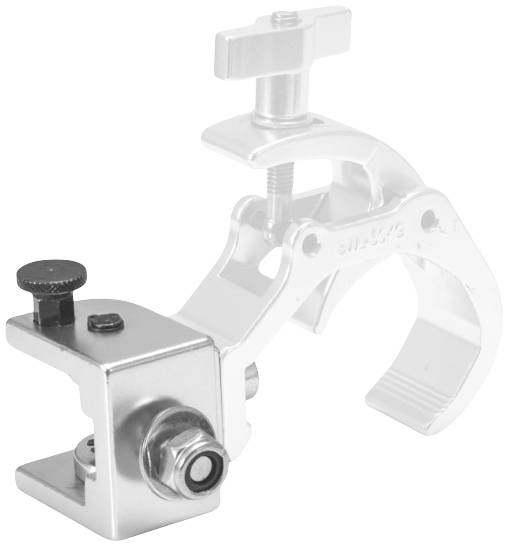Ein silberner, verstellbarer Rohrschellen-Haken mit Schraubmechanismus. Wird verwendet, um Licht- oder Bühnenelemente zu befestigen.