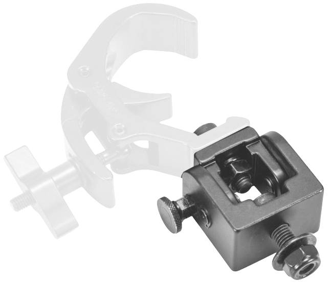 'Schwarzer Winkeladapter und silberne Klemme' - Ein Winkeladapter aus Metall vorne, verbunden mit einer silbernen Bügelklemme hinten.