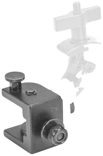 Schwarz-weiße Abbildung einer Metallklemme mit Schraubmechanismus, teilweise durchsichtig, um ihre Funktionsweise zu zeigen.