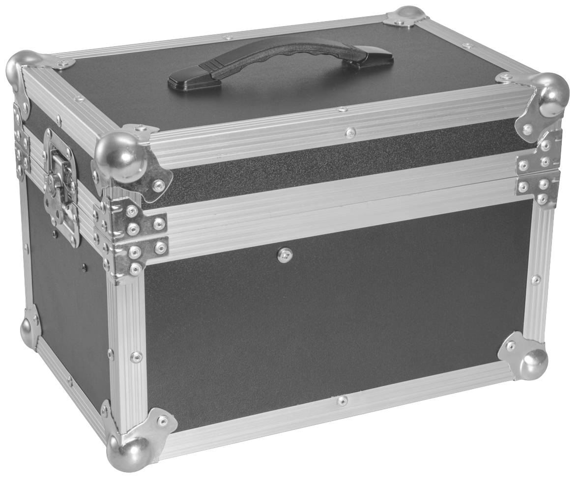 Großer, schwarzer Transportkoffer mit silbernen Metallecken und Griff, geeignet für sicheren Transport von Equipment oder Werkzeugen.