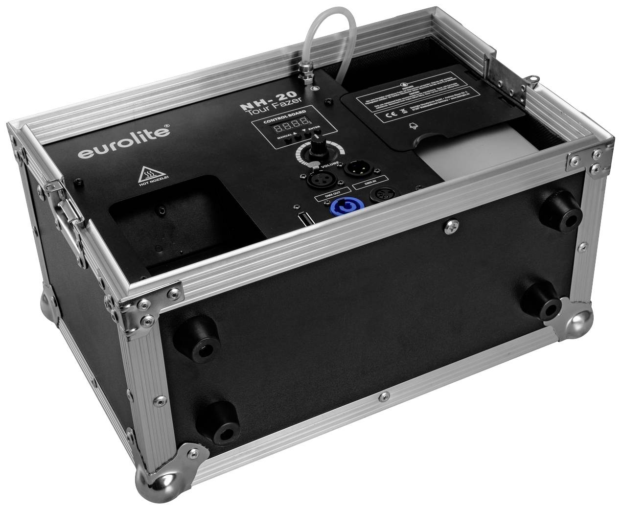 Ein rechteckiger Nebelmaschine mit Metallrahmen und schwarzer Oberfläche. Aufdruck 'Eurolite'. Oben Anschlüsse und ein Netzschalter.