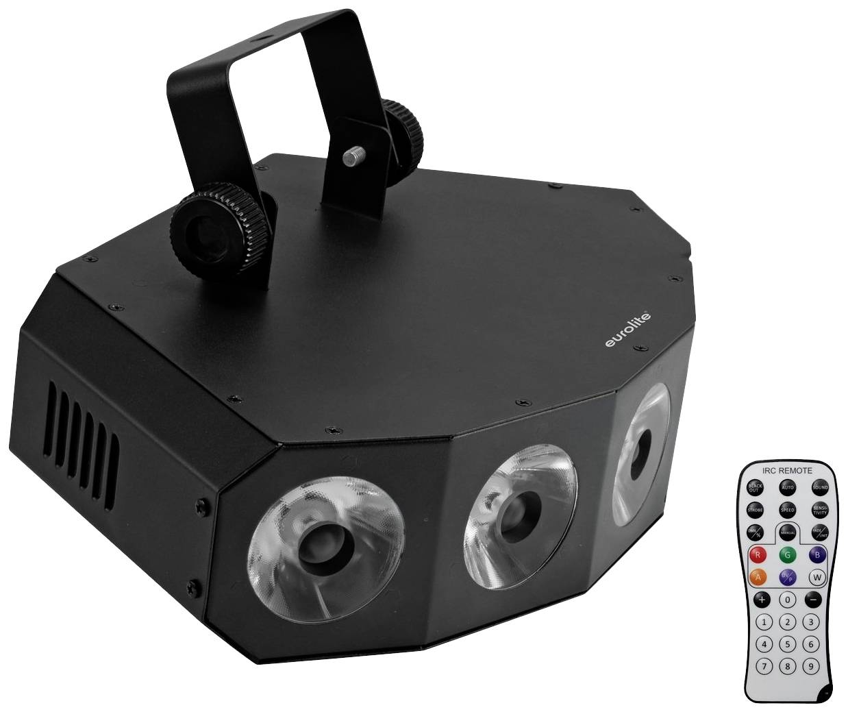 Ein schwarzes, octagonales DJ-Lichtgerät mit zwei großen Linsen; daneben eine Fernbedienung mit vielen bunten Tasten.