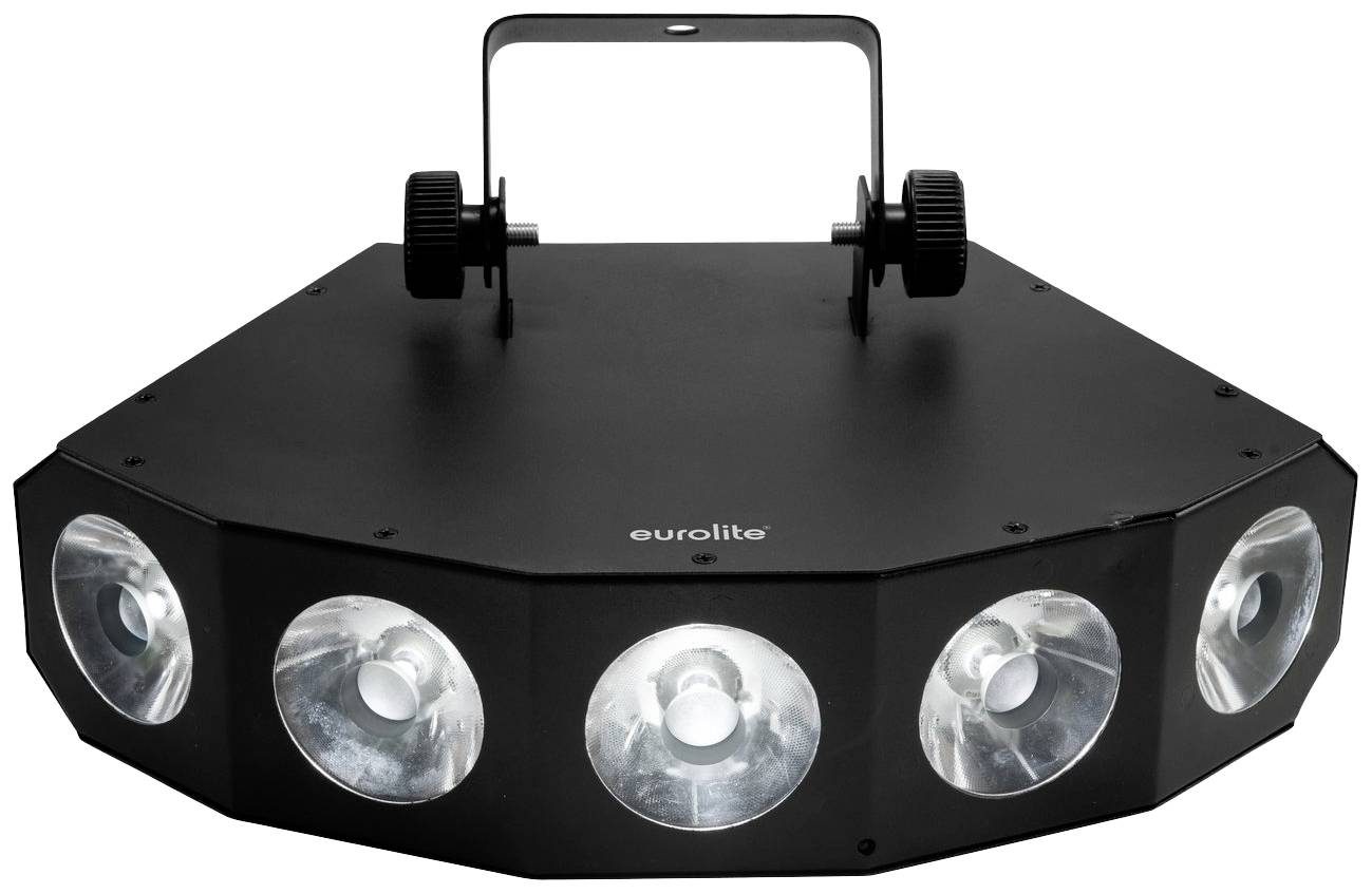 Schwarzes LED-Lichteffektgerät mit fünf leuchtenden Linsen, geeignet für Bühnen- oder Partybeleuchtung. Markenname auf der Oberfläche.